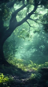 Ancient tree emerges from luminous forest mist with backlighting.