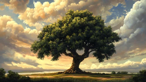 Majestic oak tree under dramatic sky in realistic digital painting.
