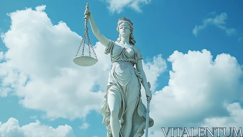 Blindfolded justice statue with scales against bright sky.