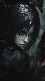 Raven crowned witch with bloodlit gaze in stormed dusk.