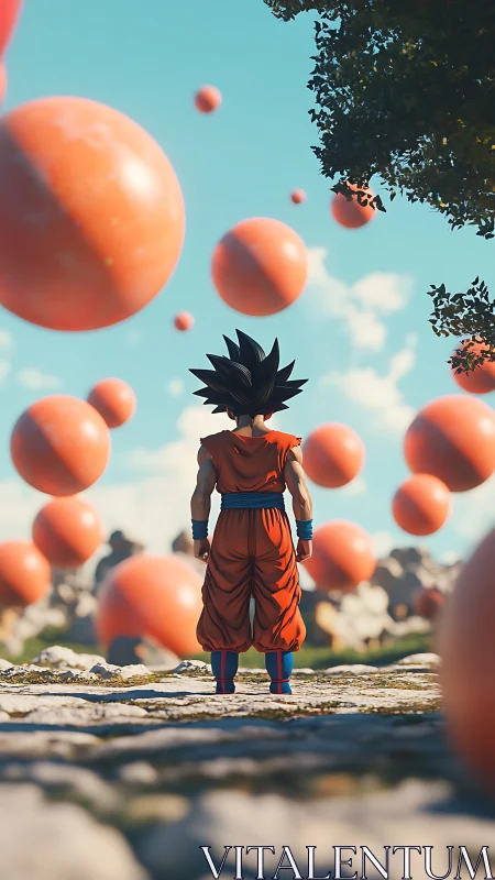 Solitary anime warrior surveys levitating orbs in daylight field