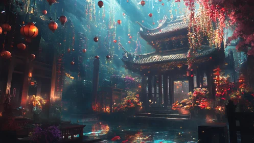 Luminous temple garden with floating lanterns and vivid flora.