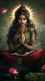 Divine goddess meditates above lotus pond in golden aura.