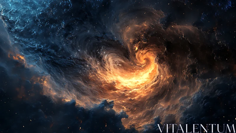 Cosmic fire vortex swirling through storm-dark nebulae.