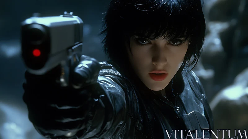 Intense cybernetic agent aiming pistol in cold rain-soaked alley.