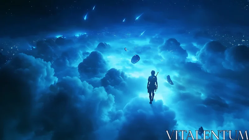 Lone figure walking through glowing blue cloudscape at night