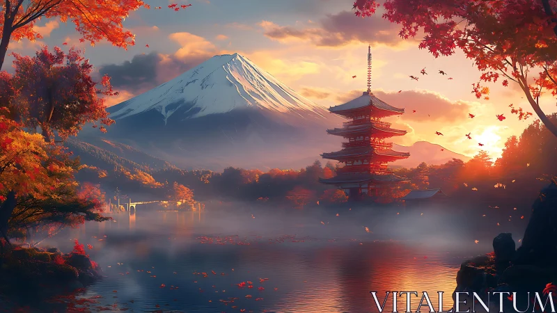 Volumetric autumn pagoda vista with stratified alpine horizon.