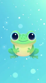 Cartoon green frog with large eyes on blue background.