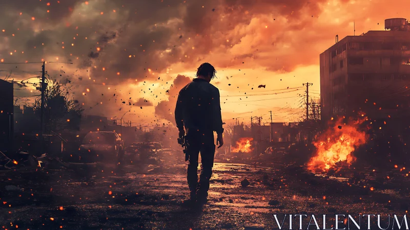 Backlit lone figure traverses flame‑lit urban warzone street