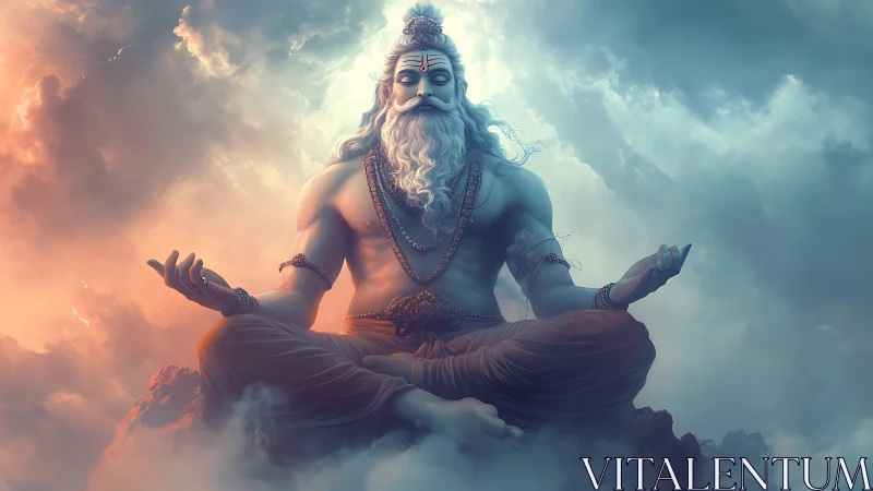 Serene sky sage in meditation among glowing painted clouds.