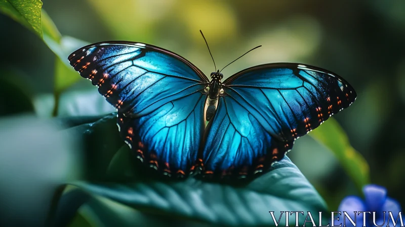 Blue morpho butterfly spreads iridescent wings on leaf.