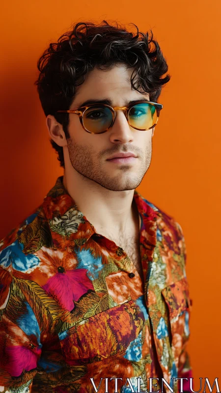 Man in floral shirt and sunglasses against orange backdrop.