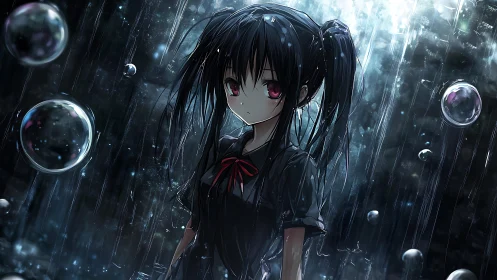 Rain-swept anime girl adrift among silver, trembling bubbles.