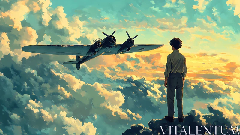 Boy observing twin‑engine aircraft above sunset cloudscape