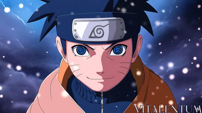 Blue eyed anime ninja boy in snowy night close up.