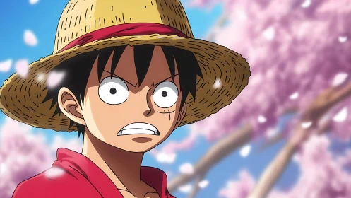 Straw hat anime boy beneath drifting cherry blossoms.