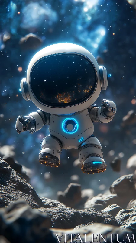 Playful chibi astronaut drifting through glowing asteroid field.