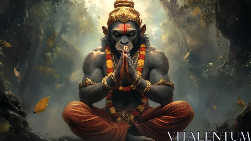 Simian ascetic in meditative forest with ritual adornments.