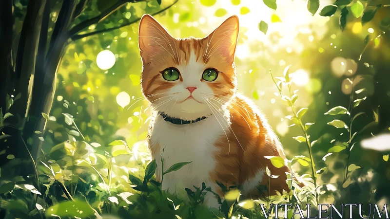 Orange and white cat in sunlit garden setting with foliage.