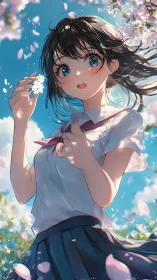 Spring breeze lifts anime schoolgirl among cherry blossoms.