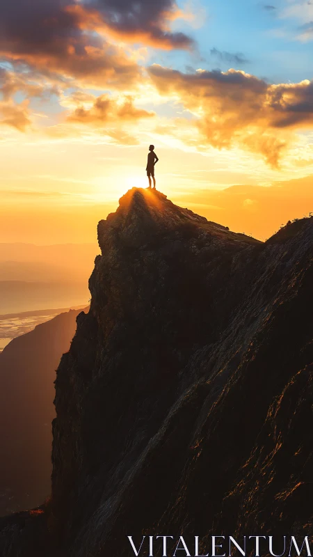 Sunstruck summit dreamer crowned by molten sky glow.