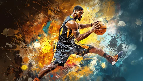 Explosive basketball leap carved from swirling color storms.