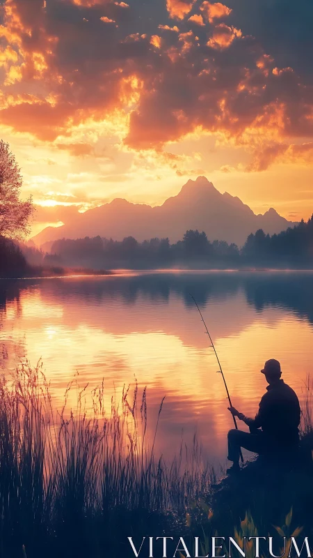 Silhouette fisherman watches vivid mountain lake sunset