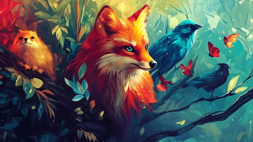 Colorful forest fox waits calmly with bright birds and butterflies