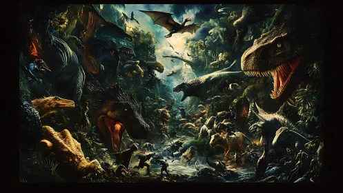 Chaotic dinosaur battle exploding across dense jungle valley.