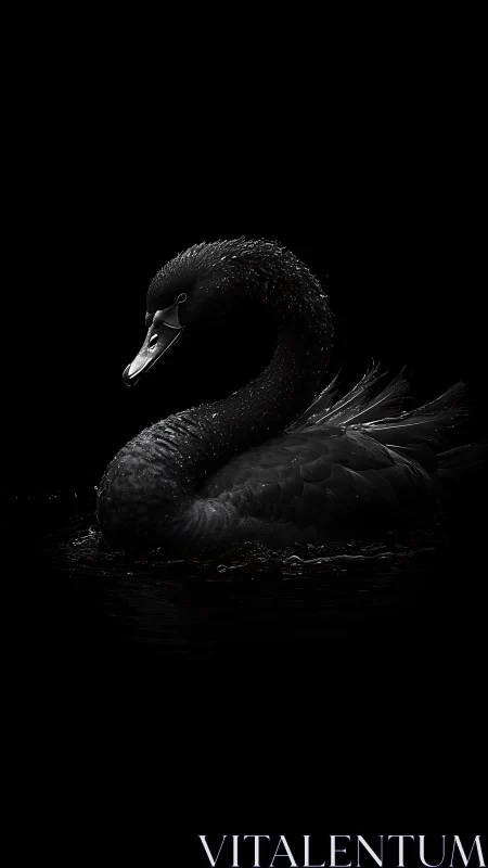 Low‑key photorealistic portrait of a black swan in profile.