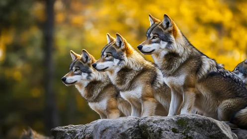 Four wolves sit alert on rocks before blurred autumn forest