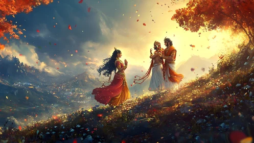 Sunlit mountain blessing with three figures in bright robes.