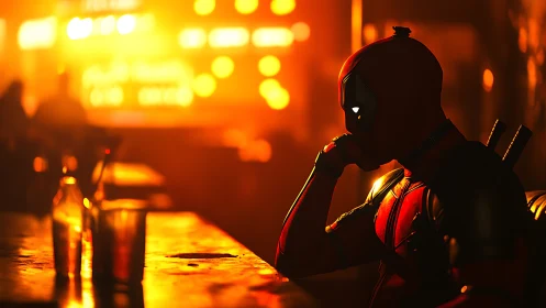 Masked antihero sits alone at glowing neon bar counter.
