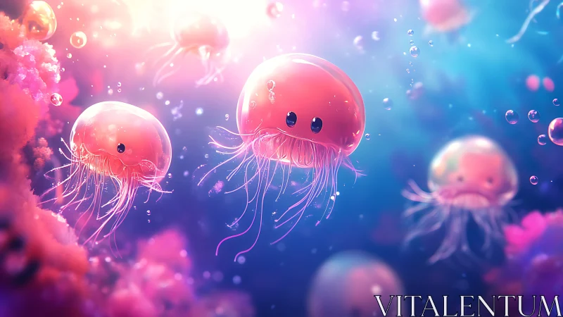 Gentle jellyfish drift through glowing candy colored waves.