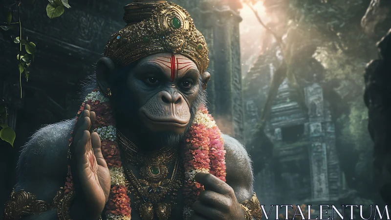 Divine monkey deity in ornate garb within jungle temple.