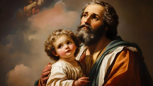 Tender father and child gaze upward in soft golden light