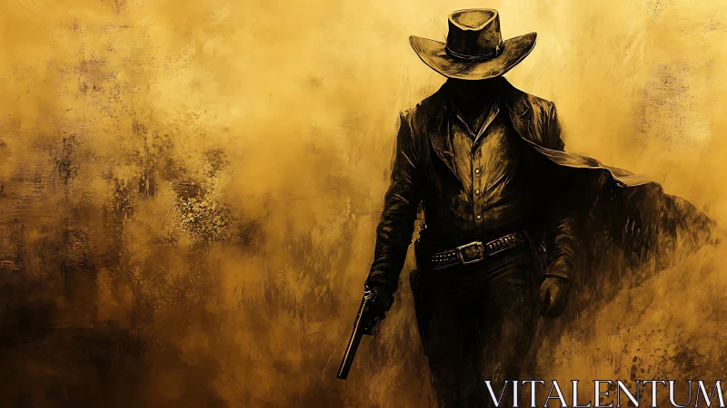 Lone cowboy strides forward through a bold golden haze