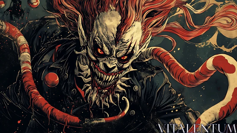 Carnival nightmare clown lunges with serpentine candy limbs.