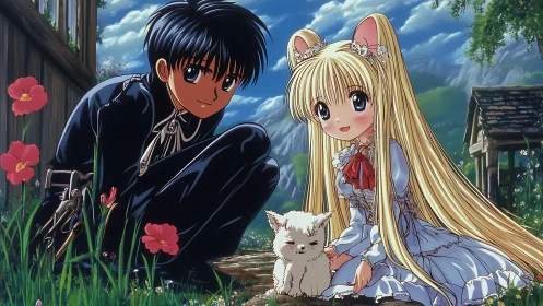 Anime boy and girl with cat in bright mountain garden.