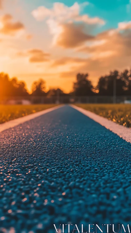 Sunlit running track stretches into a calm summer horizon