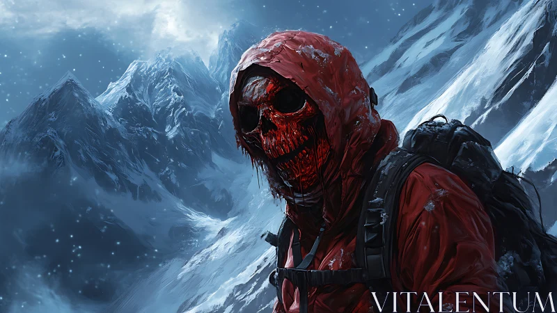 Figure in red hooded gear stands before snow-covered mountains