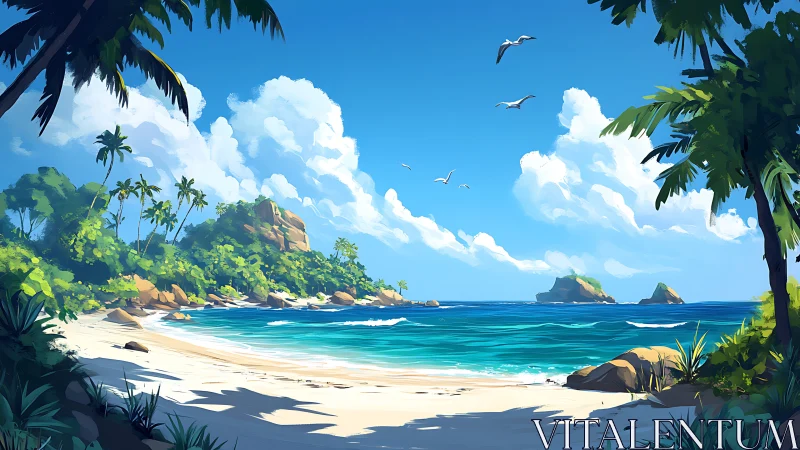 Tropical Coastal Landscape with Palms, Sand Beach and Azure Ocean Waters