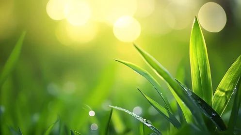 Close-up of Fresh Green Grass Blades with Dew in Soft Sunlight.