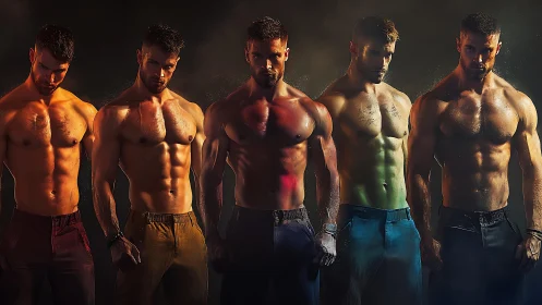 Confident fitness models standing strong in warm studio light.