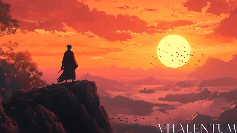 Silhouetted figure overlooks orange mountain sunset valley