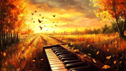 Autumn piano road humming beneath a sky of golden birds.