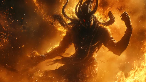 Mythic fire deity silhouette in dynamic inferno environment.