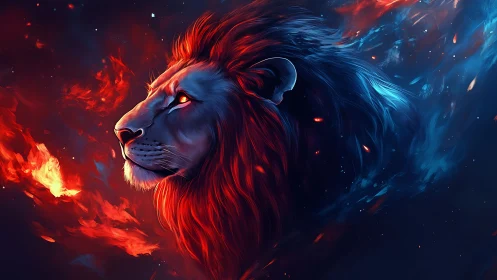 Fiery cosmic lion gazes into swirling blue and red void