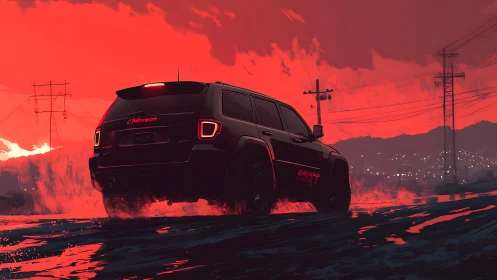 Night-black SUV slashes through neon sunset stormlight glow