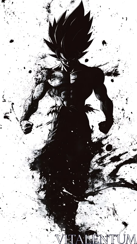 Ink-splattered warrior silhouette in dynamic frontal stance.